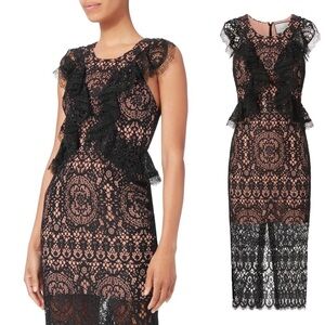 Alexis Dress Narasse Lace Sheath Ruffle Racerback Midi Wedding Black S NWT